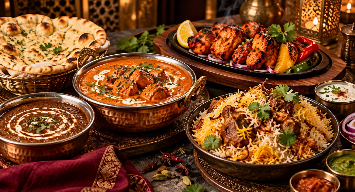 Hidangan India Rangrez dengan curry, biryani, naan dan tandoor